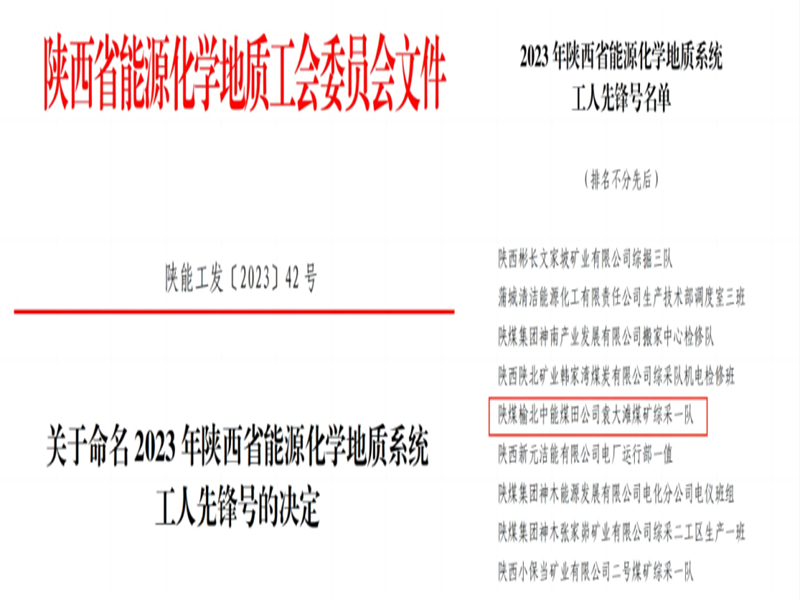 141686710483191501.png 喜訊!中能袁大灘煤礦綜采一隊獲2023年陜西省能源化學地質工會“工人先鋒號”榮譽稱號.png